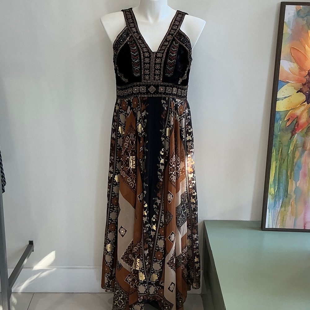 RAGA Anthropologie Black and Brown Patterned Maxi Dress NWT - Large